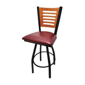 5 Line Wood Back Swivel 300 LB Counter Height Stool, Cherry Back, Wine Vinyl Seat