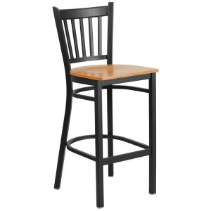 HUSKY Seating Heavy Duty 500 LB Metal Bar Stool with Vert Slat Back & Wood Seat-Natural Wood