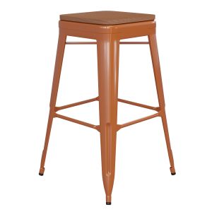 HUSKY Seating 500 LB Commercial Grade 30" High Backless Orange Metal Indoor-Outdoor Barstool with Teak Poly Resin Wood Seat
