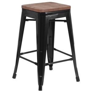 Husky Seating 500 LB 24" High Backless Black Metal Counter Height Stool with Square Wood Seat
