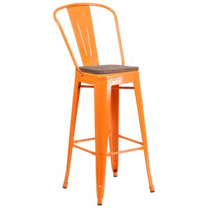 HUSKY Seating 500 LB 30" High Orange Metal Barstool with Back and Wood Seat