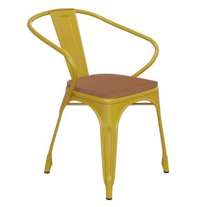 HUSKY Seating 500 LB Commercial Grade Yellow Metal Indoor-Outdoor Chair with Arms with Teak Poly Resin Wood Seat