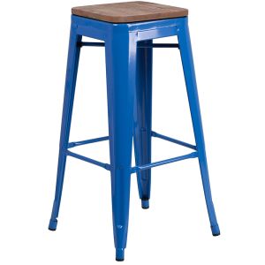 HUSKY Seating 500 LB 30" High Backless Blue Metal Barstool with Square Wood Seat