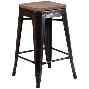 Husky Seating 500 LB 24" High Backless Antique Black Gold Metal Counter Height Stool with Square Wood Seat
