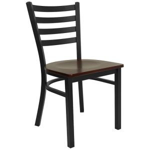 HUSKY Seating 500 LB Black Metal Ladder Back Restaurant Chair with Wood Seat - Mahogany