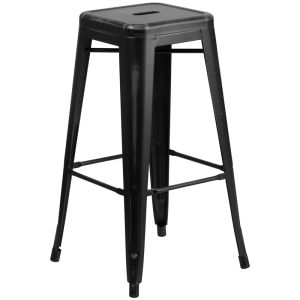 HUSKY Seating 500 LB Distressed 30" Indoor-Outdoor Stacking Metal Bar Stool with Square Seat-Black