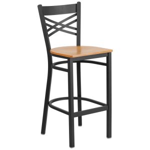 HUSKY Seating 500 LB X-Back Black Metal Restaurant Bar Height Stool with Natural Wood Seat