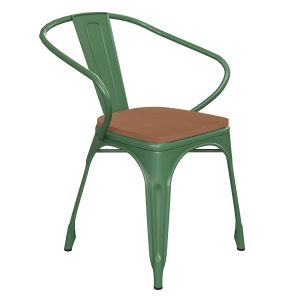 HUSKY Seating 500 LB Commercial Grade Green Metal Indoor-Outdoor Chair with Arms with Teak Poly Resin Wood Seat