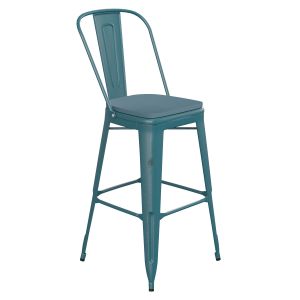 HUSKY Seating 500 LB Commercial Grade 30" High Kelly Blue-Teal Metal Indoor-Outdoor Barstool with Back with Teal-Blue Poly Resin Wood Seat