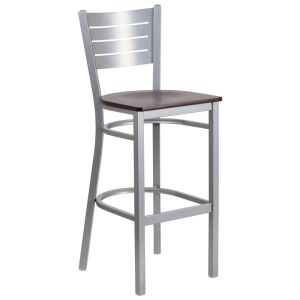 HUSKY Seating 500 LB Silver Slat Back Metal Restaurant Bar Height Stool with Wood Seat-Mahogany