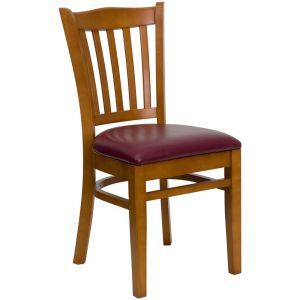 HUSKY Seating Vertical Back Wood 800 LB Restaurant Chair with Cherry Finish & Vinyl Seat-Burgundy