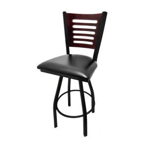 5 Line Wood Back Swivel 300 LB Counter Height Stool, Mahogany Back, Black Vinyl Seat