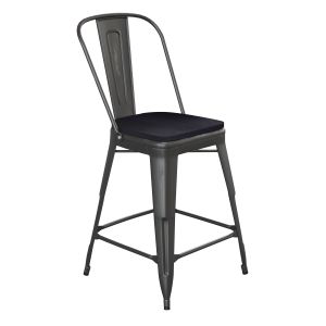 HUSKY Seating 500 LB Distressed Finish 24" High Black Metal Indoor-Outdoor Counter Height Stool with Back with Black Poly Resin Wood Seat
