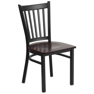 HUSKY Seating Vertical Back Black Metal 500 LB Restaurant Chair with Wood Seat- Walnut