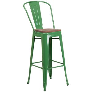 HUSKY Seating 500 LB 30" High Green Metal Barstool with Back and Wood Seat