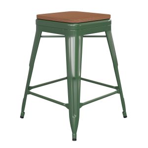 Husky Seating 500 LB Commercial Grade 24" High Backless Green Metal Indoor-Outdoor Counter Height Stool with Teak Poly Resin Wood Seat