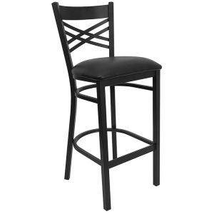 HUSKY Seating 500 LB X-Back Black Metal Restaurant Bar Height Stool with Black Vinyl Seat