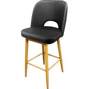 Amata 300 LB Metal Frame Bar Stool - Natural Clear Coat Faux Woodgrain Frame Finish - Black Vinyl Cutout Bucket Seat