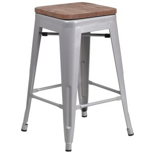 Husky Seating 500 LB 24" High Backless Silver Metal Counter Height Stool with Square Wood Seat