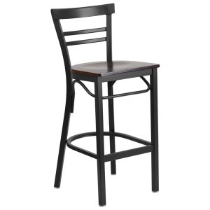HUSKY Seating Heavy Duty 500 LB Metal Bar Stool with Mid-Back & Wood Seat-Walnut Wood