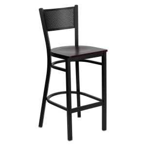 HUSKY Seating 500 LB Black Metal Restaurant Bar Height Stool with Grid Back Design & Wood Seat-Mahogany