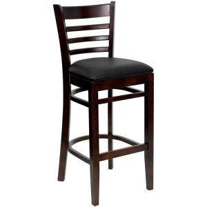 HUSKY Seating 800 LB Walnut Finish Wood Bar Stool with Ladder Back & Padded Vinyl Seat-Black