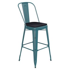 HUSKY Seating 500 LB Commercial Grade 30" High Kelly Blue-Teal Metal Indoor-Outdoor Barstool with Back with Black Poly Resin Wood Seat