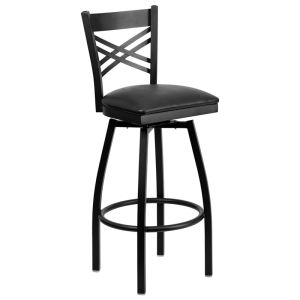 HUSKY Seating Heavy Duty 500 LB Black Metal Restaurant Bar Height Stool with X-Back & Swivel Seat - Black Vinyl