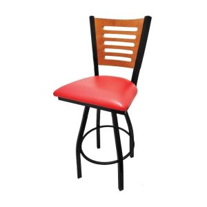 5 Line Wood Back Swivel 300 LB Counter Height Stool, Cherry Back, Red Vinyl Seat