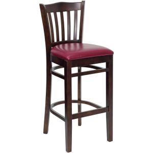 HUSKY Seating 800 LB Walnut Finish Vertical Slat Back Wooden Restaurant Bar Stool with Vinyl Seat-Burgundy