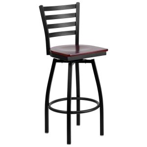 HUSKY Seating Heavy Duty 500 LB Black Metal Restaurant Bar Height Stool with Ladder Back & Swivel Wood Seat - Mahogany