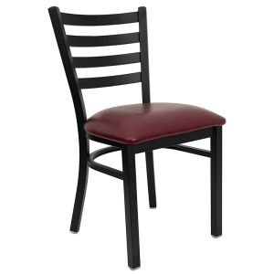 HUSKY Seating 500 LB Black Metal Ladder Back Restaurant Chair with Vinyl Seat - Burgundy