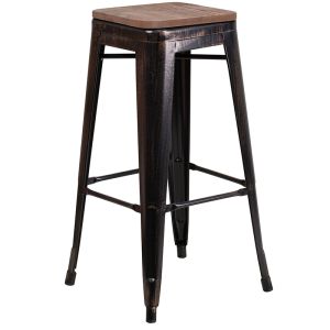 HUSKY Seating 500 LB 30" High Backless Antique Black Gold Metal Barstool with Square Wood Seat
