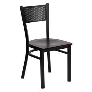 HUSKY Seating 500 LB Black Metal Restaurant Chair with Grid Back Design & Wood Seat-Mahogany