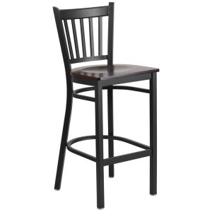 HUSKY Seating Heavy Duty 500 LB Metal Bar Stool with Vert Slat Back & Wood Seat-Walnut Wood