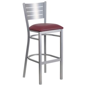 HUSKY Seating 500 LB Silver Slat Back Metal Restaurant Bar Height Stool with Vinyl Seat-Burgundy