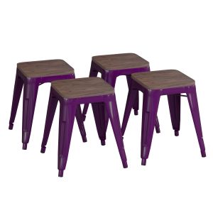 4 PACK - HUSKY Seating 250 LB 18" Table Height Stackable Backless Metal Indoor Restaurant Stool with Wooden Seat -Purple