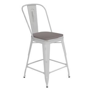 HUSKY Seating 500 LB Distressed Finish 24" High White Metal Indoor-Outdoor Counter Height Stool with Back with Gray Poly Resin Wood Seat
