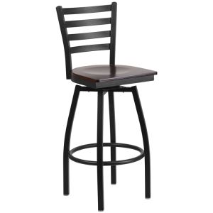 HUSKY Seating Heavy Duty 500 LB Black Metal Restaurant Bar Height Stool with Ladder Back & Swivel Wood Seat - Walnut