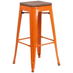 HUSKY Seating 500 LB 30" High Backless Orange Metal Barstool with Square Wood Seat