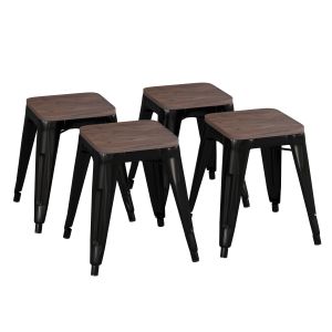 4 PACK - HUSKY Seating 250 LB 18" Table Height Stackable Backless Metal Indoor Restaurant Stool with Wooden Seat - Black