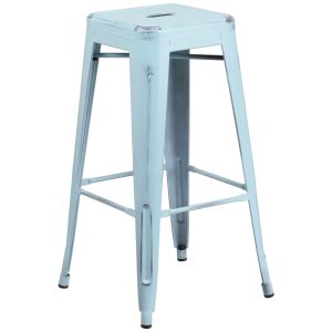 HUSKY Seating 500 LB Distressed 30" Indoor-Outdoor Stacking Metal Bar Stool with Square Seat-Dream Blue