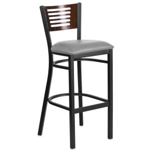 HUSKY Seating 500 LB Black Metal Slat Back Restaurant Bar Height Stool - Walnut Wood Back, Custom Vinyl Seat