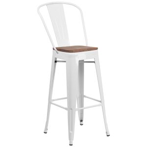 HUSKY Seating 500 LB 30" High White Metal Barstool with Back and Wood Seat