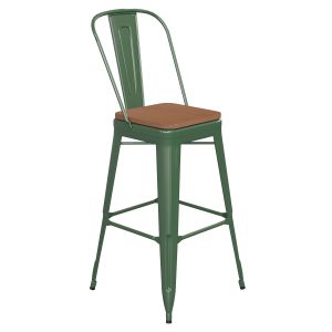 HUSKY Seating 500 LB Commercial Grade 30" High Green Metal Indoor-Outdoor Bar Height Stool with Removable Back and Teak All-Weather Poly Resin Seat