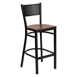HUSKY Seating 500 LB Black Metal Restaurant Bar Height Stool with Grid Back Design & Wood Seat-Cherry