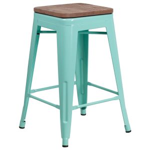 HUSKY Seating 500 LB 24" High Backless Mint Green Counter Height Stool with Square Wood Seat
