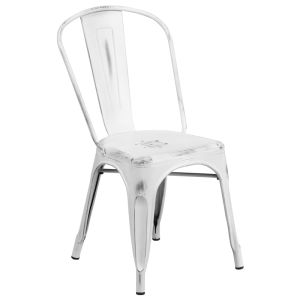 HUSKY Seating 500 LB Distressed Bistro Style Metal Indoor-Outdoor Stackable Chair-White