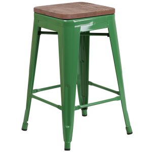 Husky Seating 500 LB 24" High Backless Green Metal Counter Height Stool with Square Wood Seat