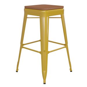 HUSKY Seating 500 LB Commercial Grade 30" High Backless Yellow Metal Indoor-Outdoor Barstool with Teak Poly Resin Wood Seat